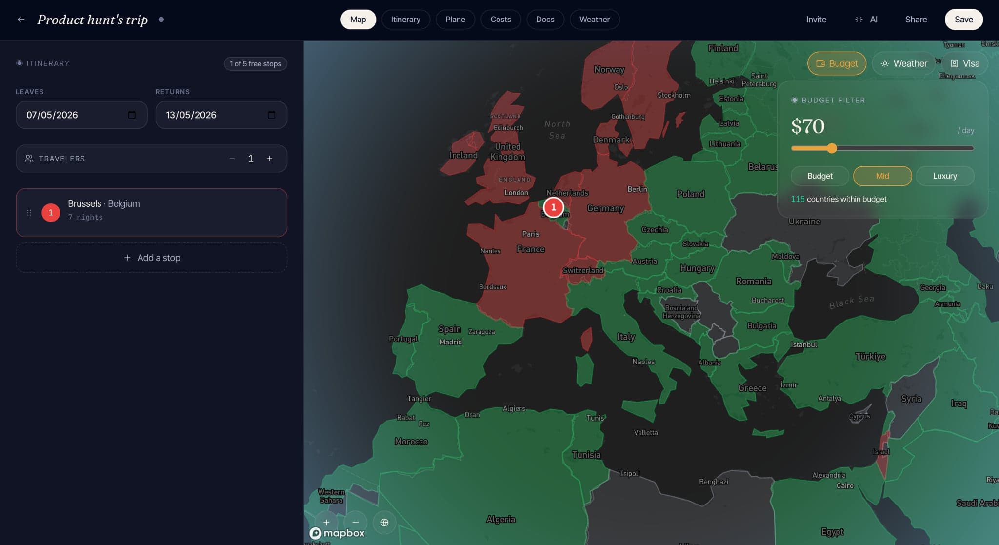 The map view: countries colour by per-day budget; anything over the daily limit greys out