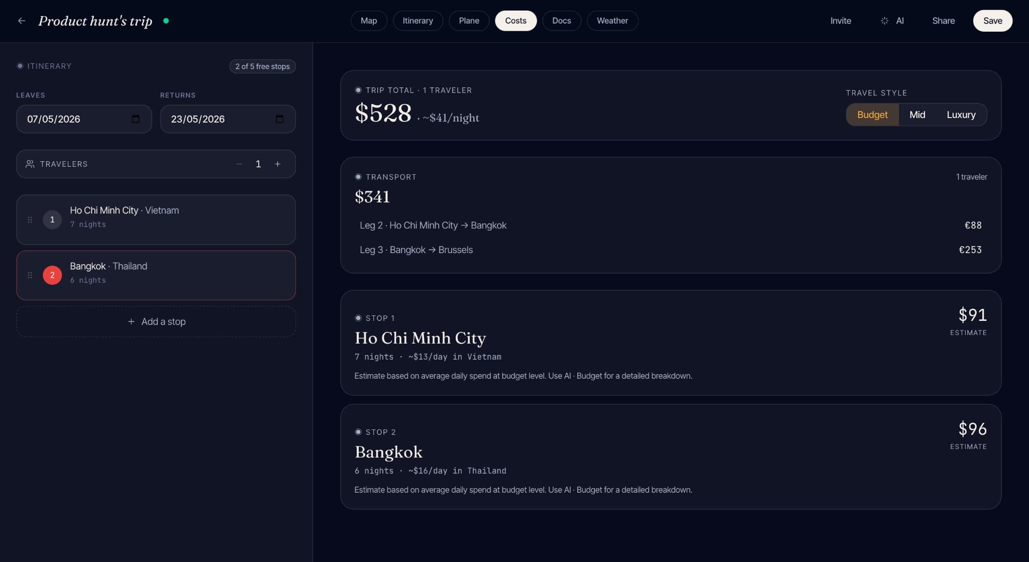 The budget planner: set per-day spend and time window, see destinations rerank in real time
